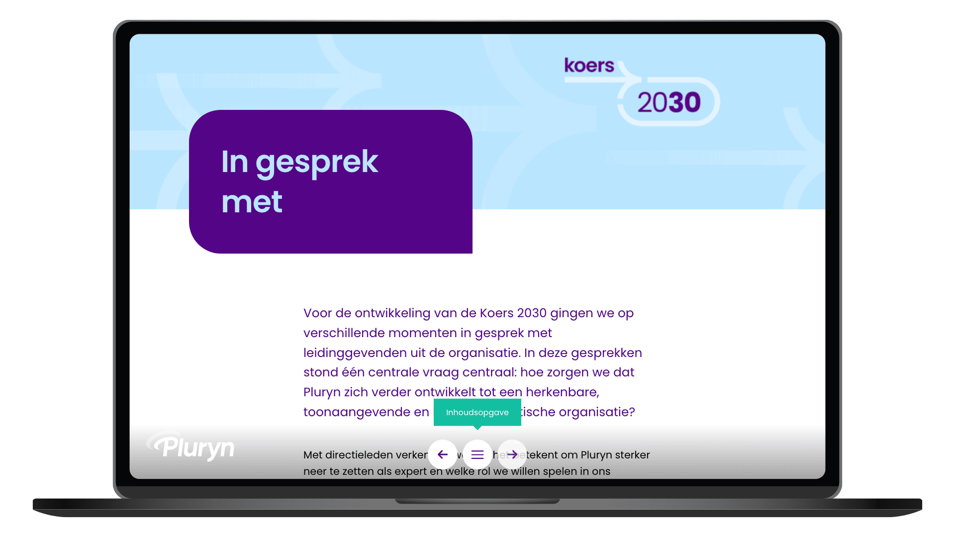 Online magazine Koers 2030 van Pluryn op een laptop, pagina In gesprek
