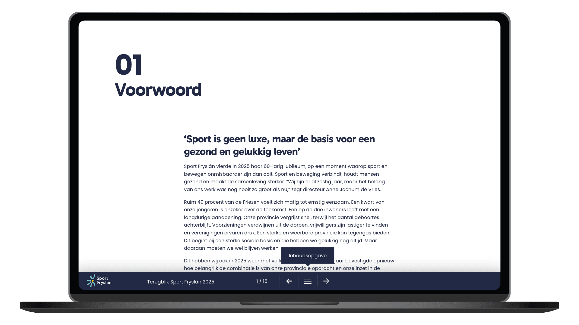 Online jaarverslag 2025 van Sport Fryslân op een laptop, pagina Voorwoord