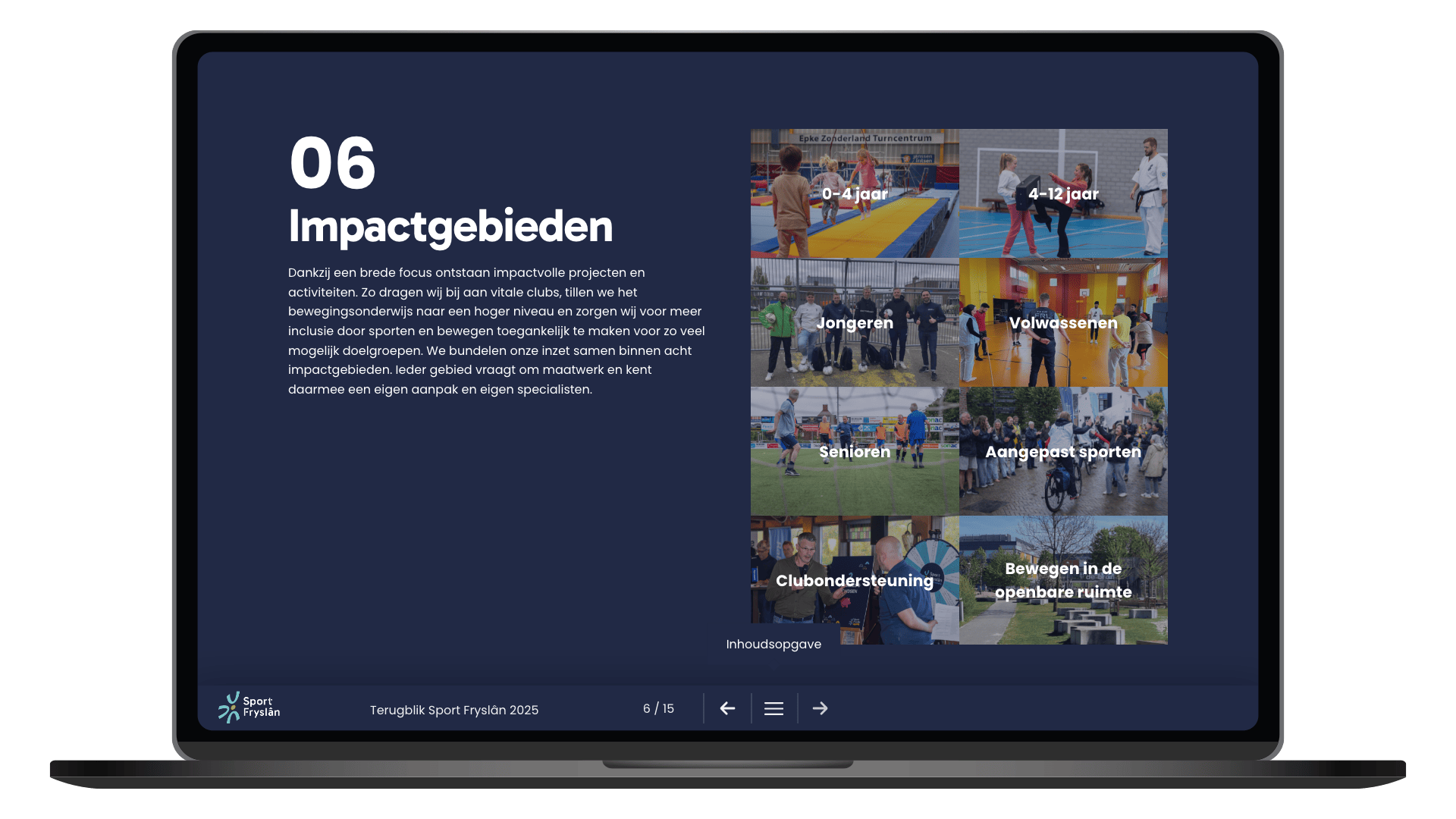 Online jaarverslag 2025 van Sport Fryslân op een laptop, pagina Impactgebieden
