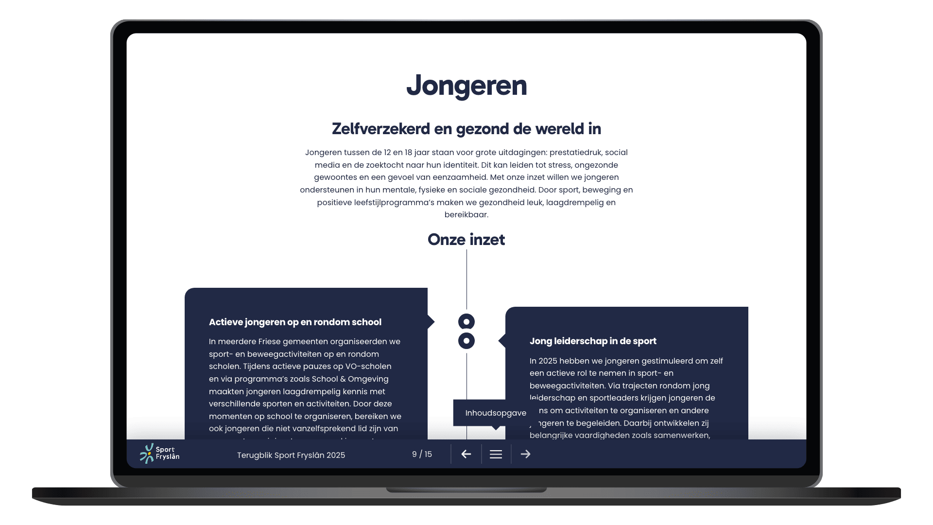 Online jaarverslag 2025 van Sport Fryslân op een laptop, pagina Jongeren