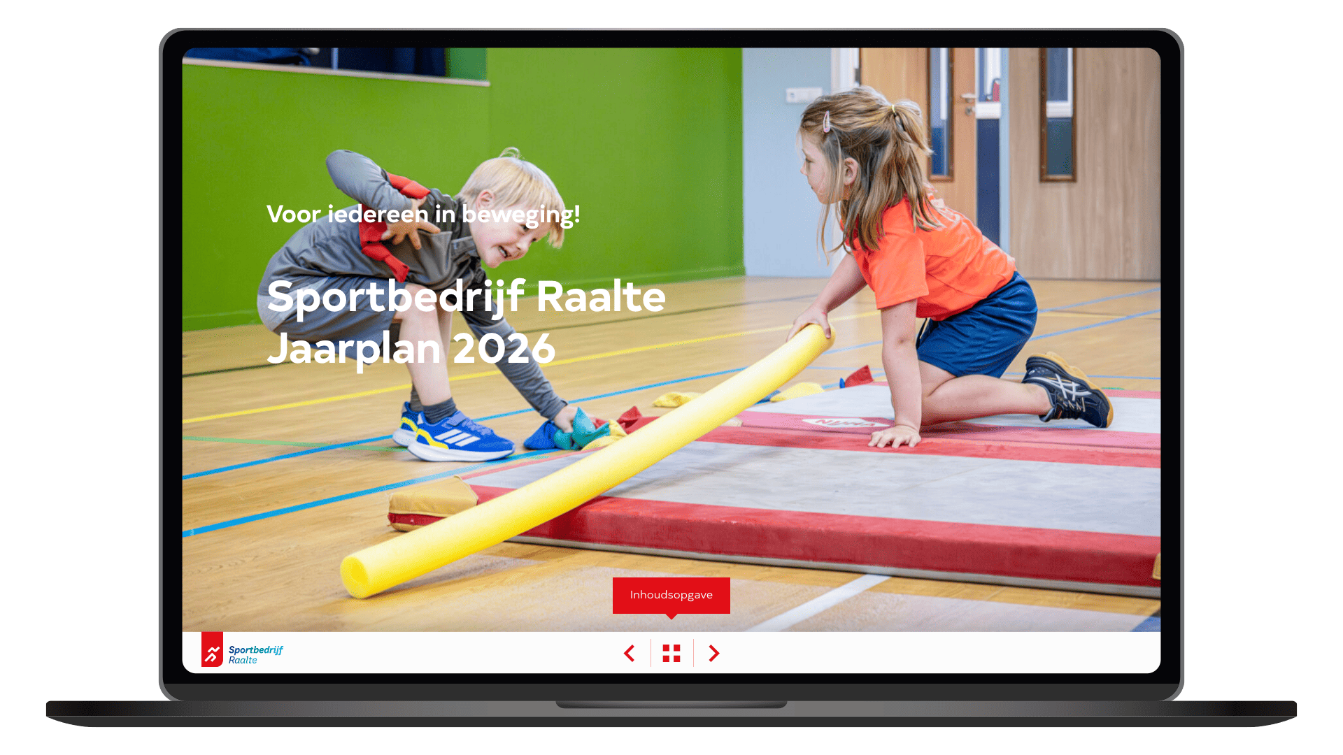 Online jaarplan 2026 van Sportbedrijf Raalte op een laptop, homepage