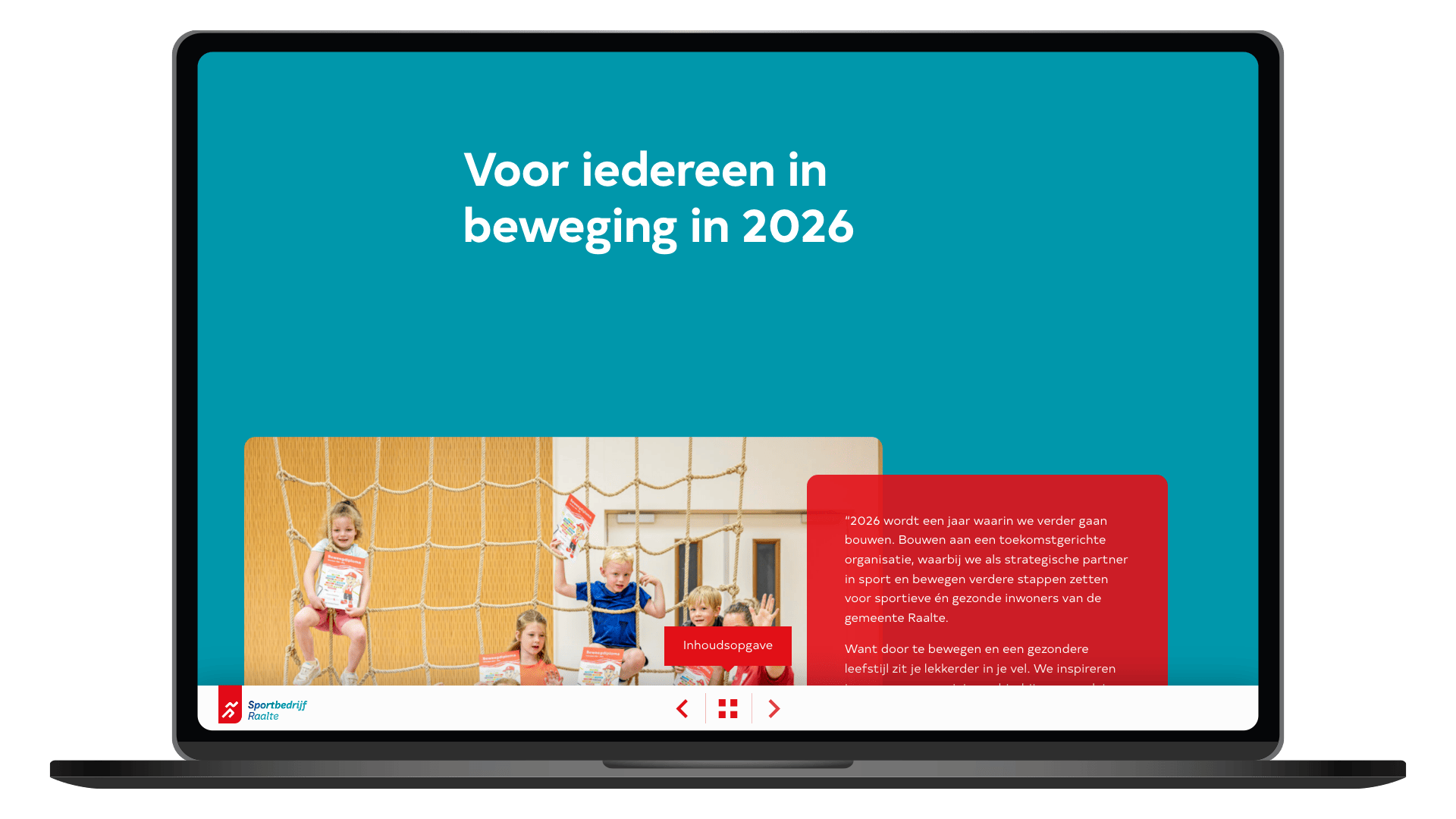 Online jaarplan 2026 van Sportbedrijf Raalte op een laptop, pagina Voorwoord