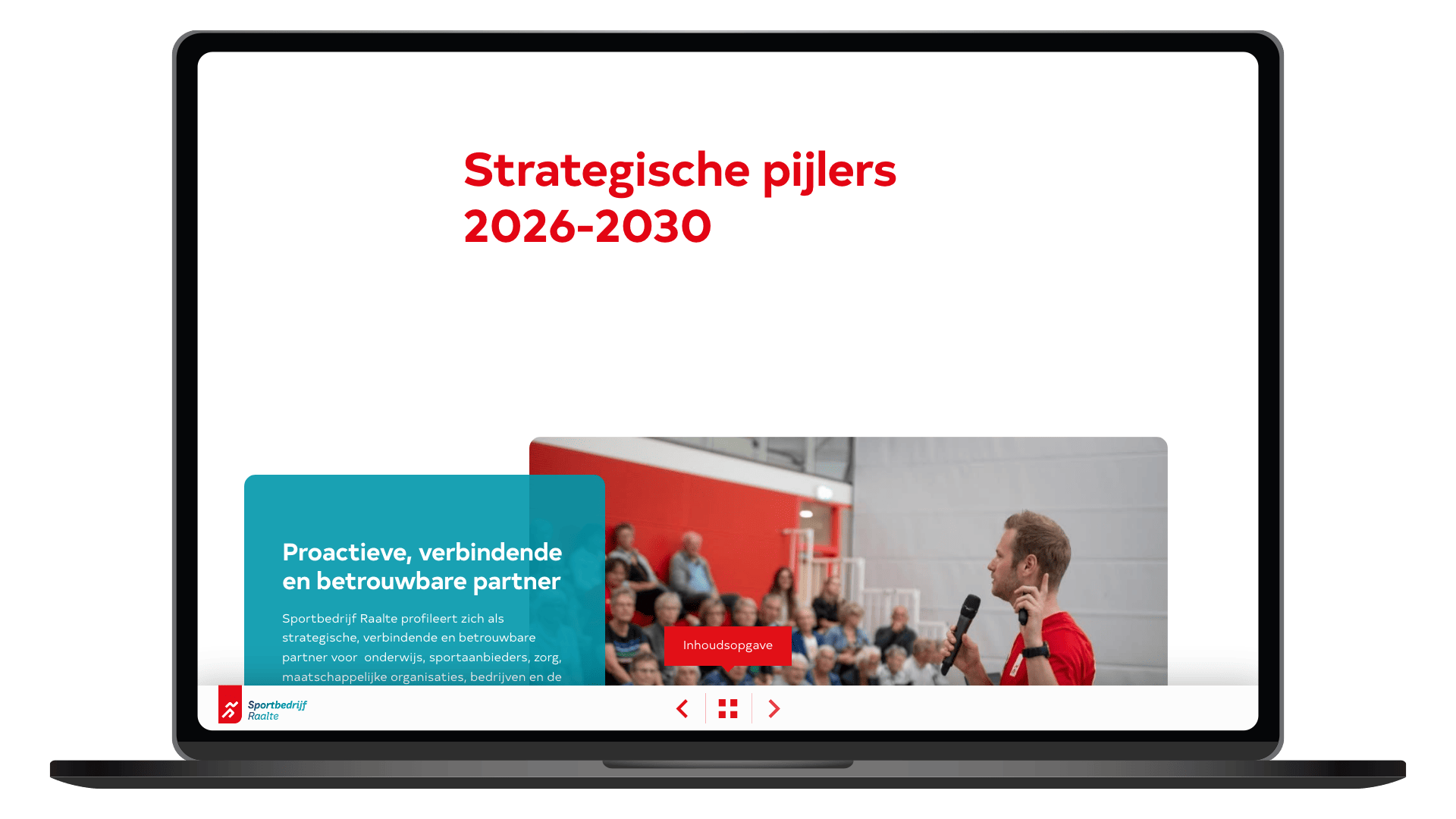 Online jaarplan 2026 van Sportbedrijf Raalte op een laptop, pagina Strategische pijlers