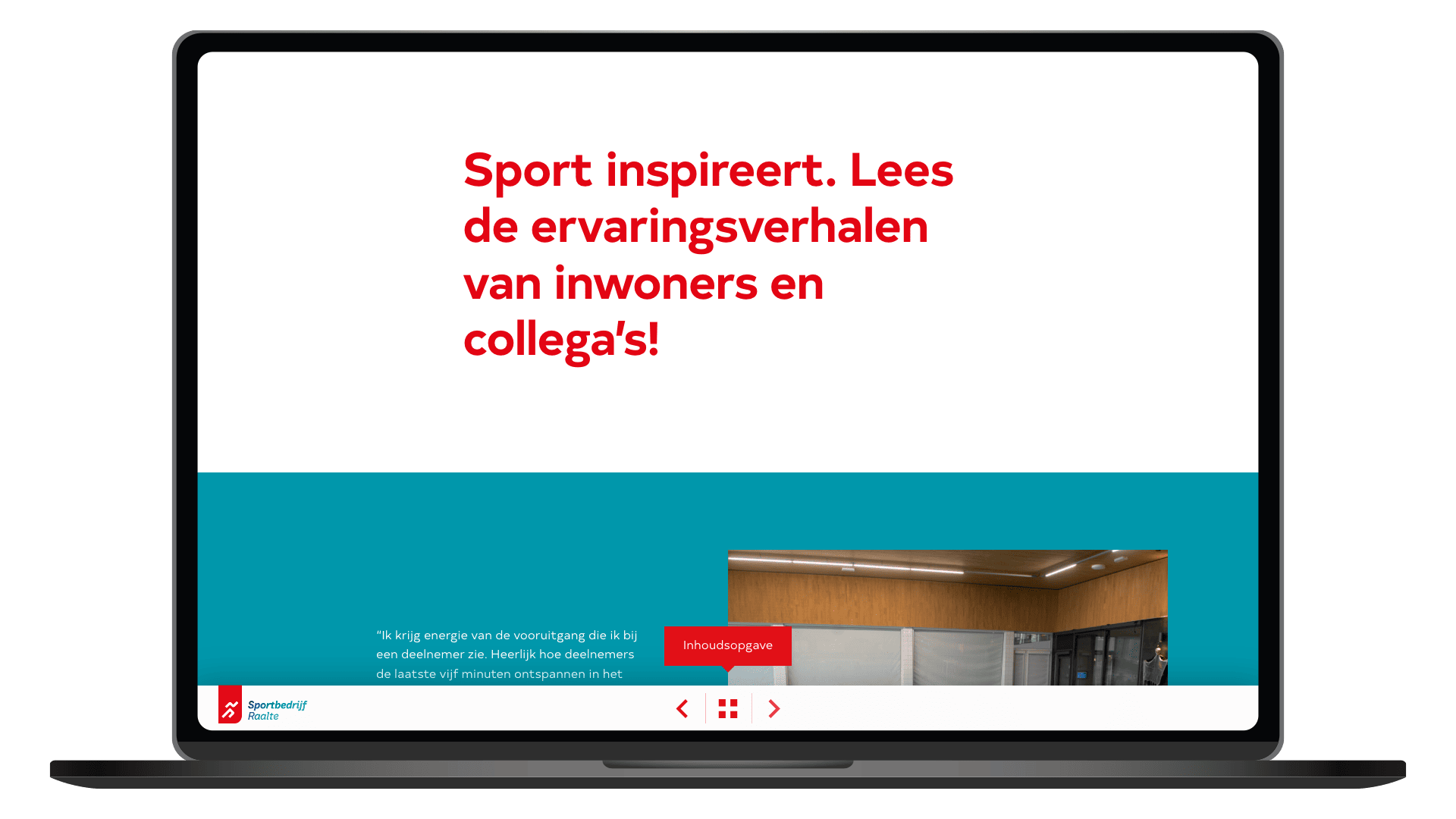 Online jaarplan 2026 van Sportbedrijf Raalte op een laptop, pagina Inspiratieverhalen