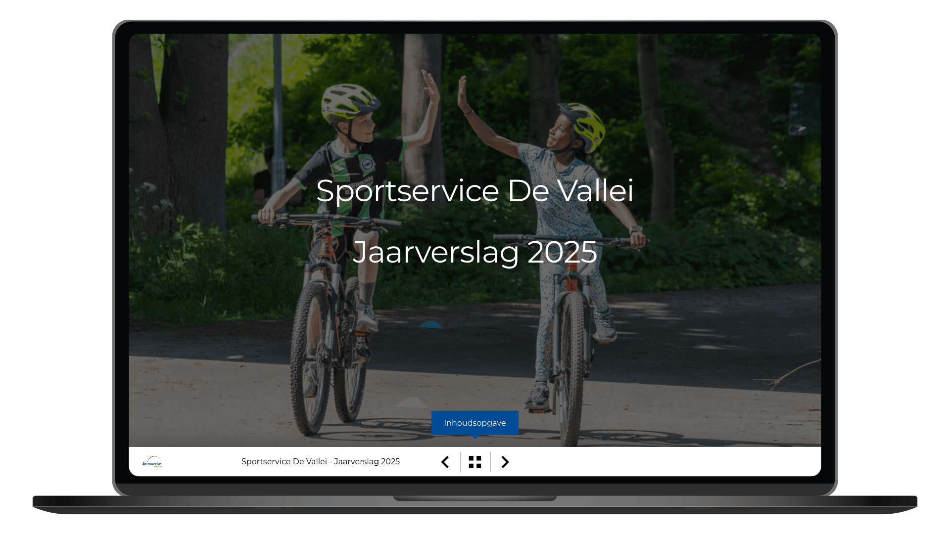 Online jaarverslag 2025 van Sportservice De Vallei op een laptop, homepage