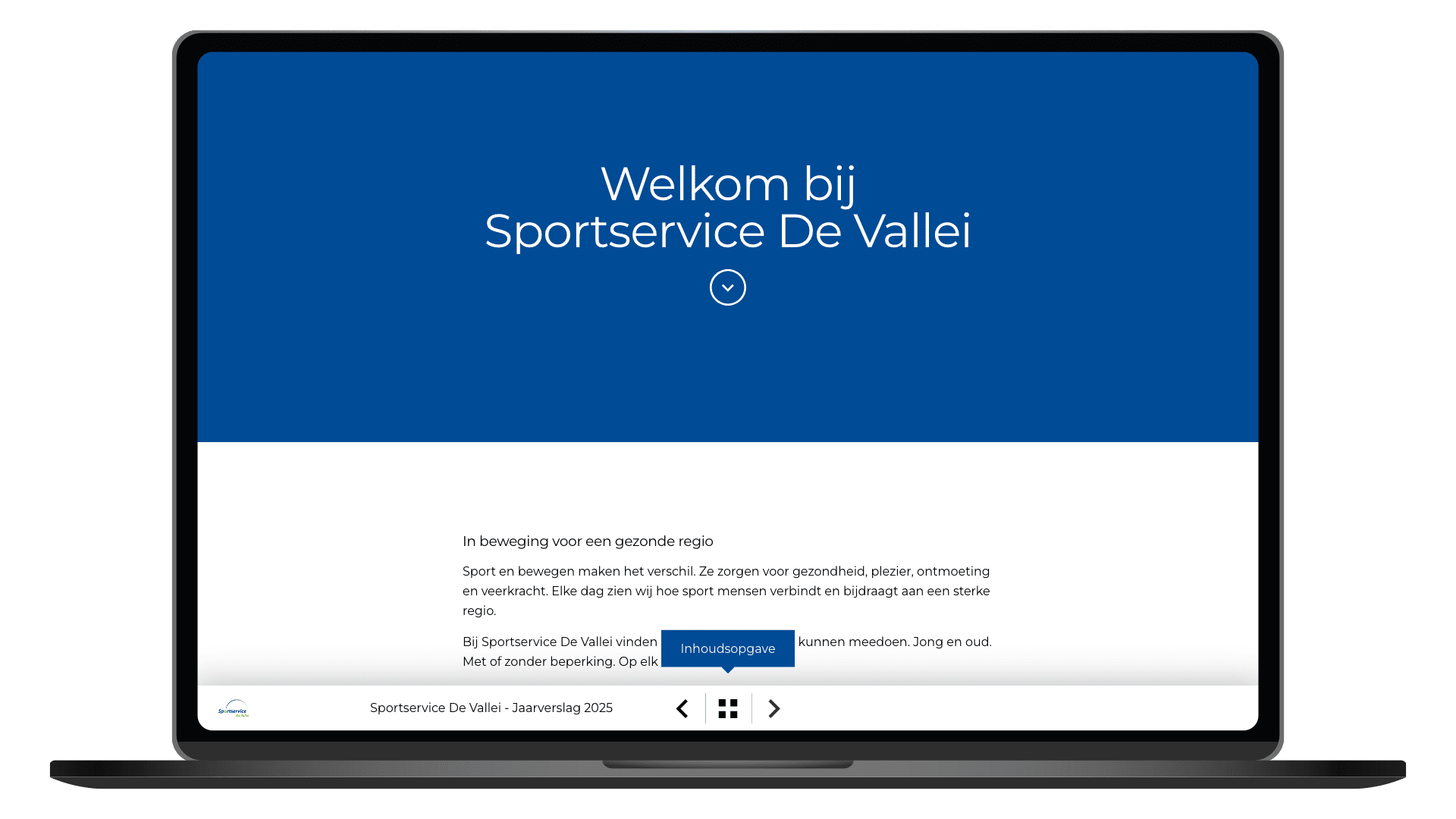 Online jaarverslag 2025 van Sportservice De Vallei op een laptop, pagina Welkom