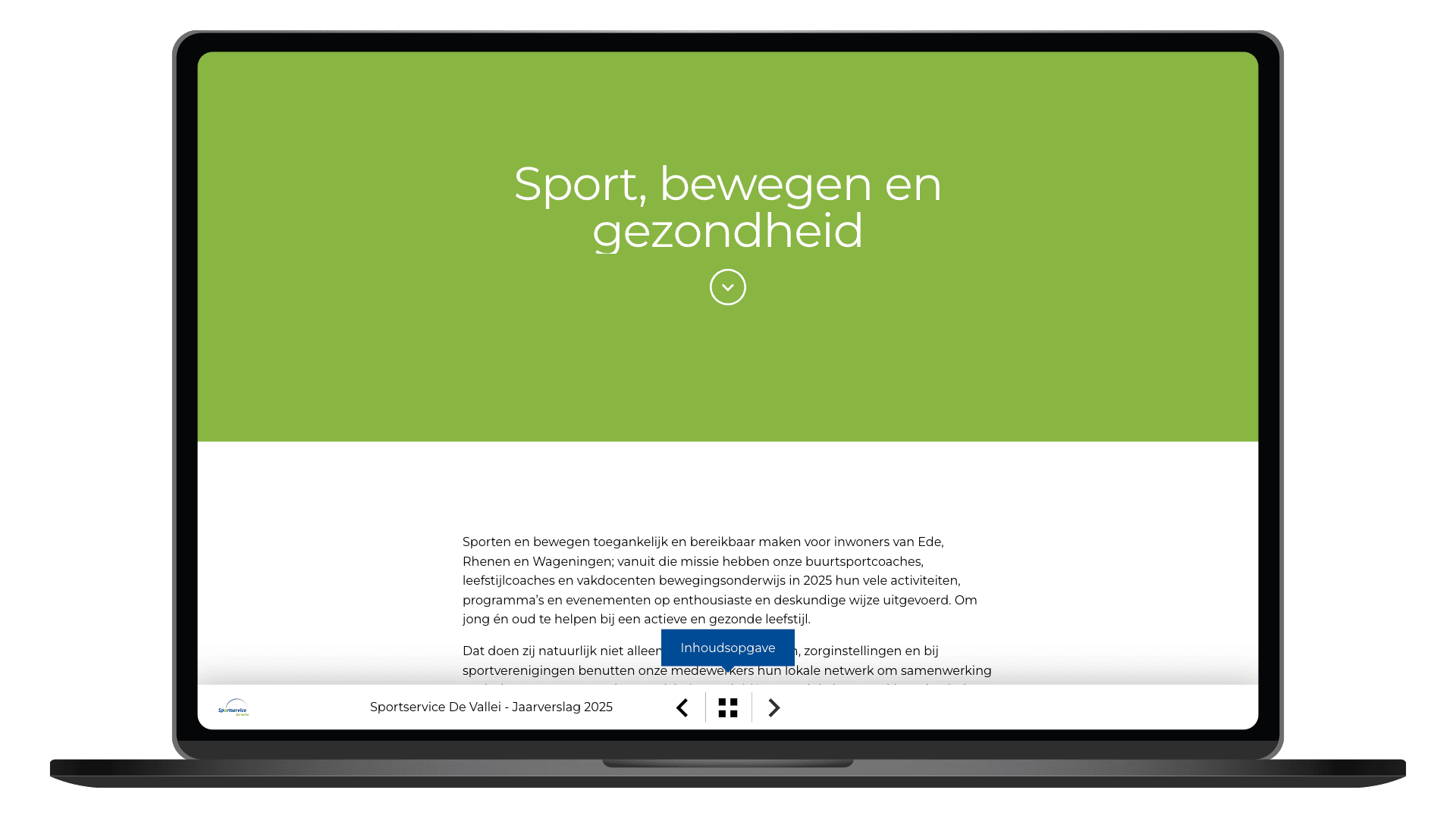 Online jaarverslag 2025 van Sportservice De Vallei op een laptop, pagina Sport
