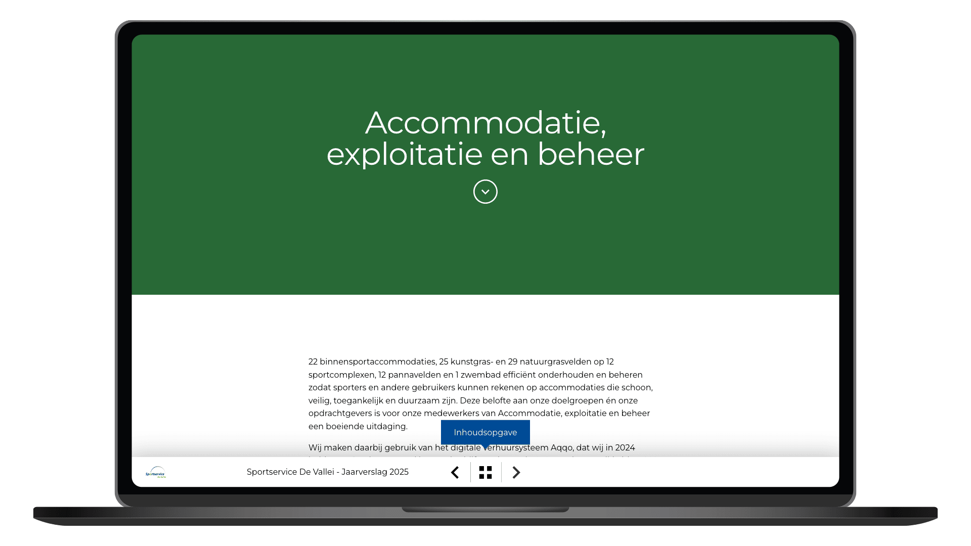 Online jaarverslag 2025 van Sportservice De Vallei op een laptop, pagina Accommodatie