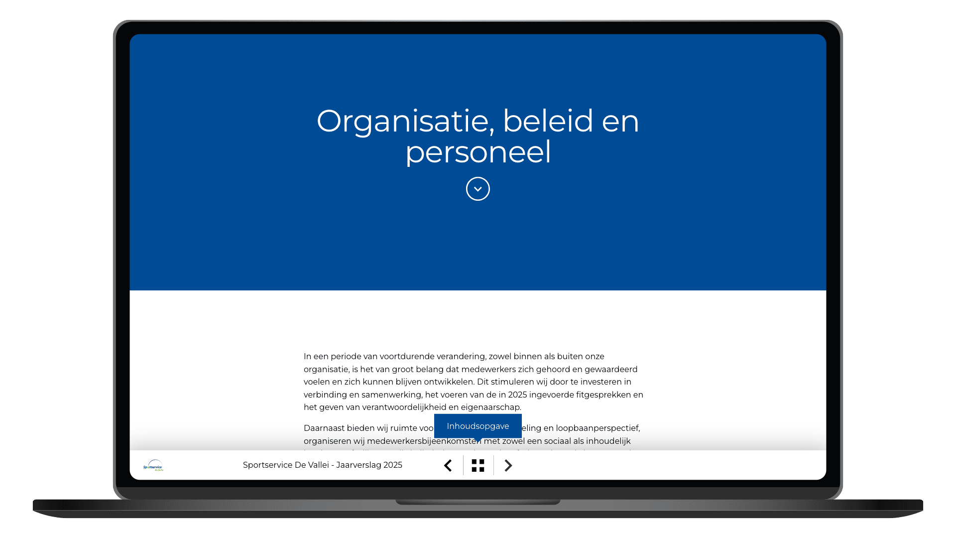 Online jaarverslag 2025 van Sportservice De Vallei op een laptop, pagina Organisatie