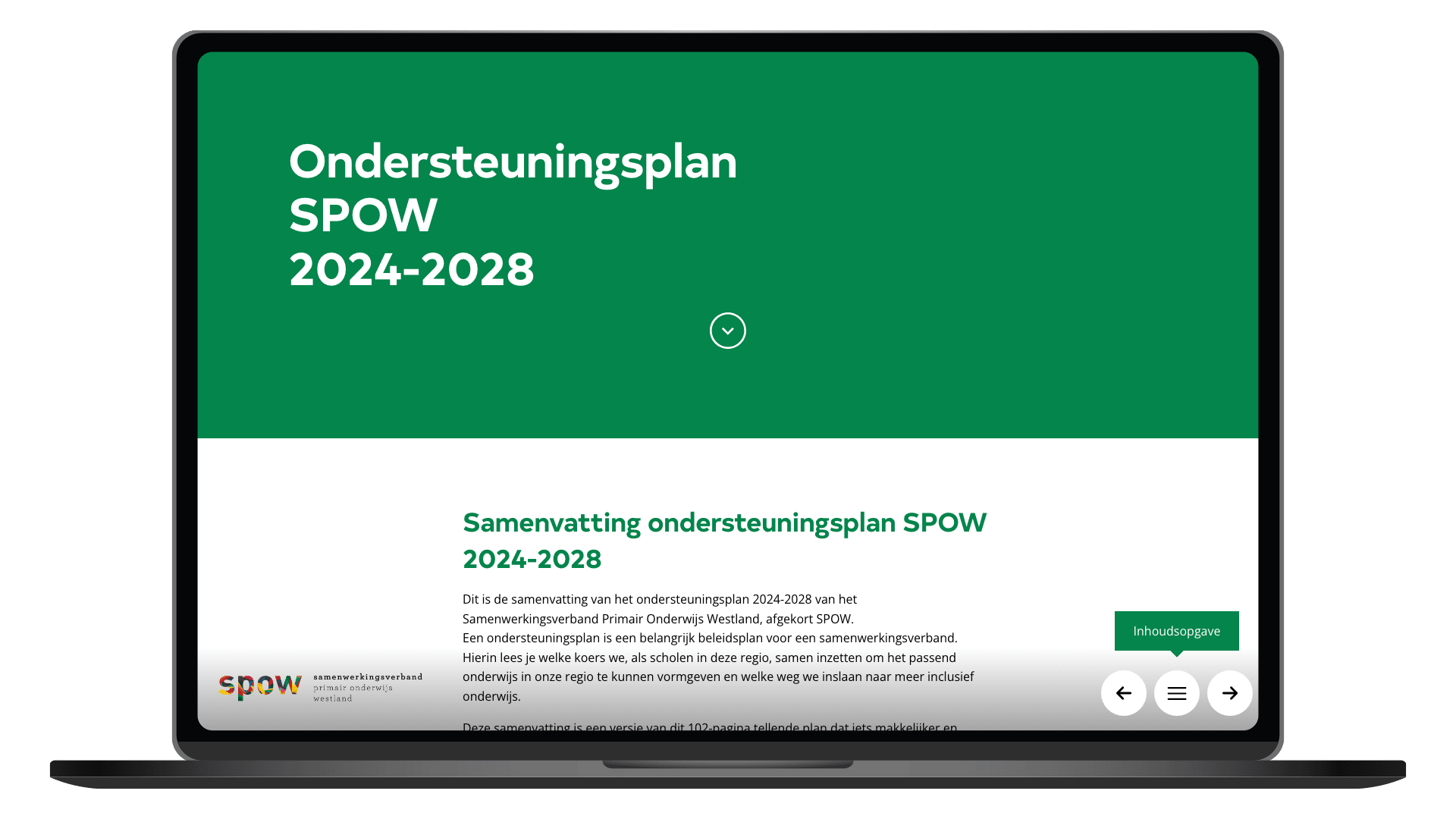 Online ondersteuningsplan van SPOW op een laptop, homepage
