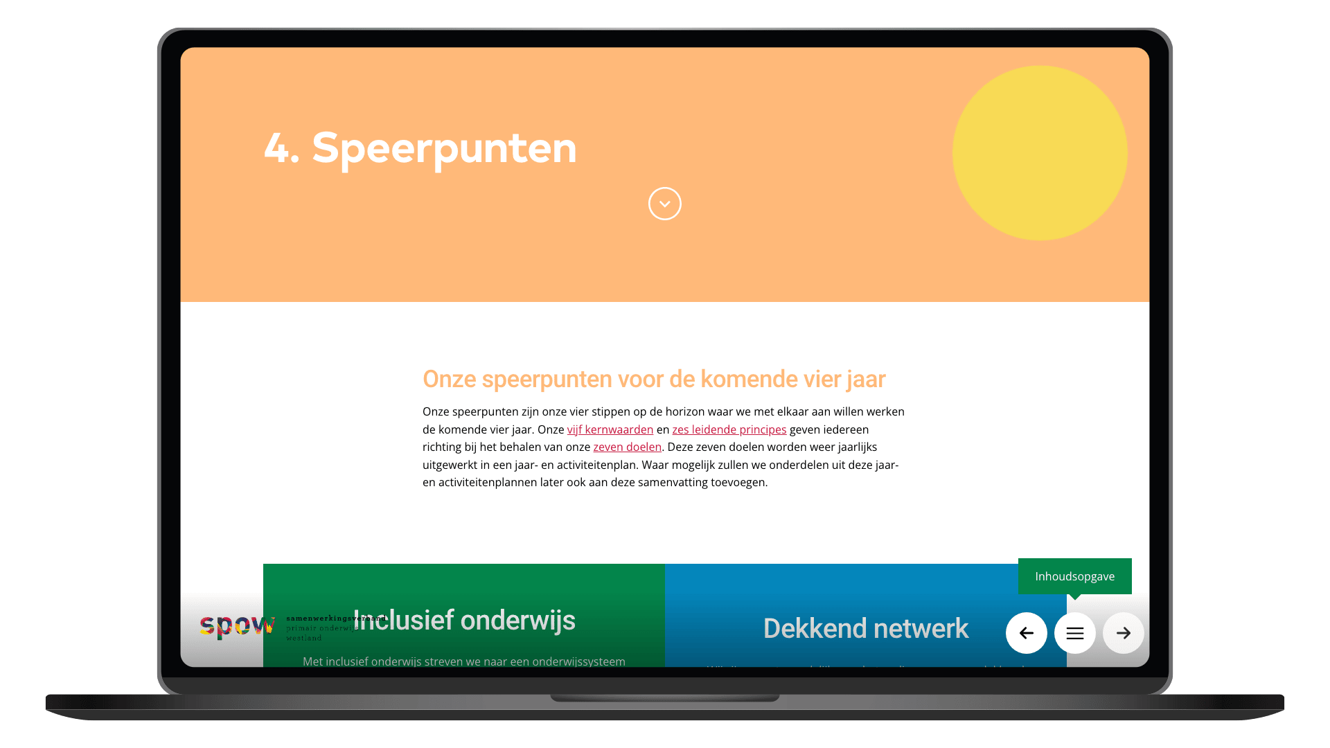 Online ondersteuningsplan van SPOW op een laptop, pagina Speerpunten