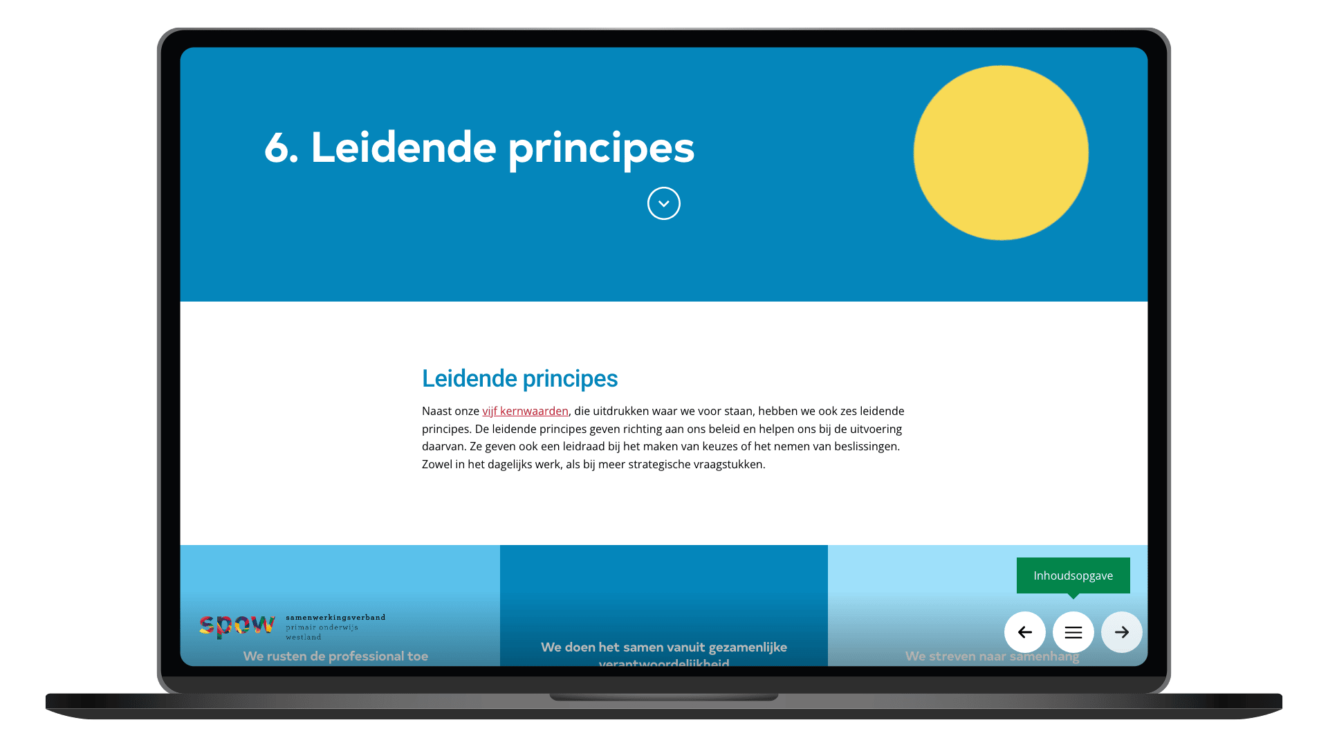 Online ondersteuningsplan van SPOW op een laptop, pagina Leidende principes