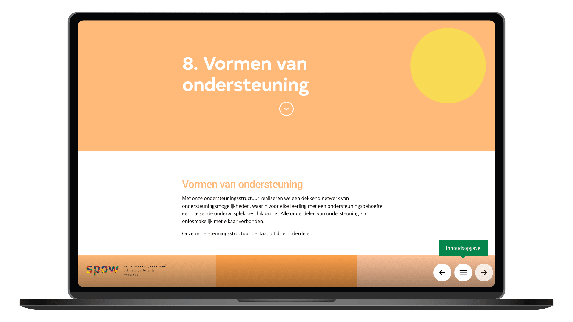Online ondersteuningsplan van SPOW op een laptop, pagina Ondersteuning