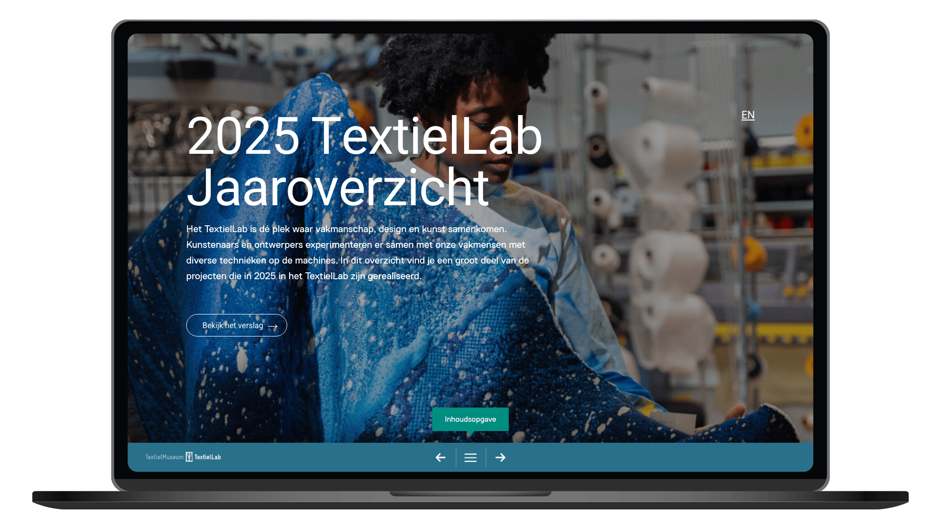 Online jaaroverzicht 2025 van TextielLab op een laptop, homepage