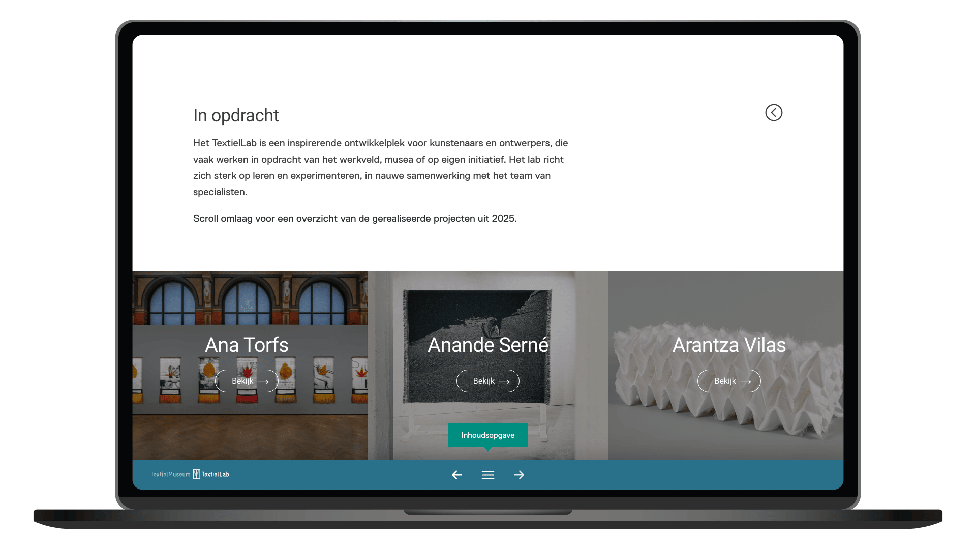 Online jaaroverzicht 2025 van TextielLab op een laptop, pagina In opdracht