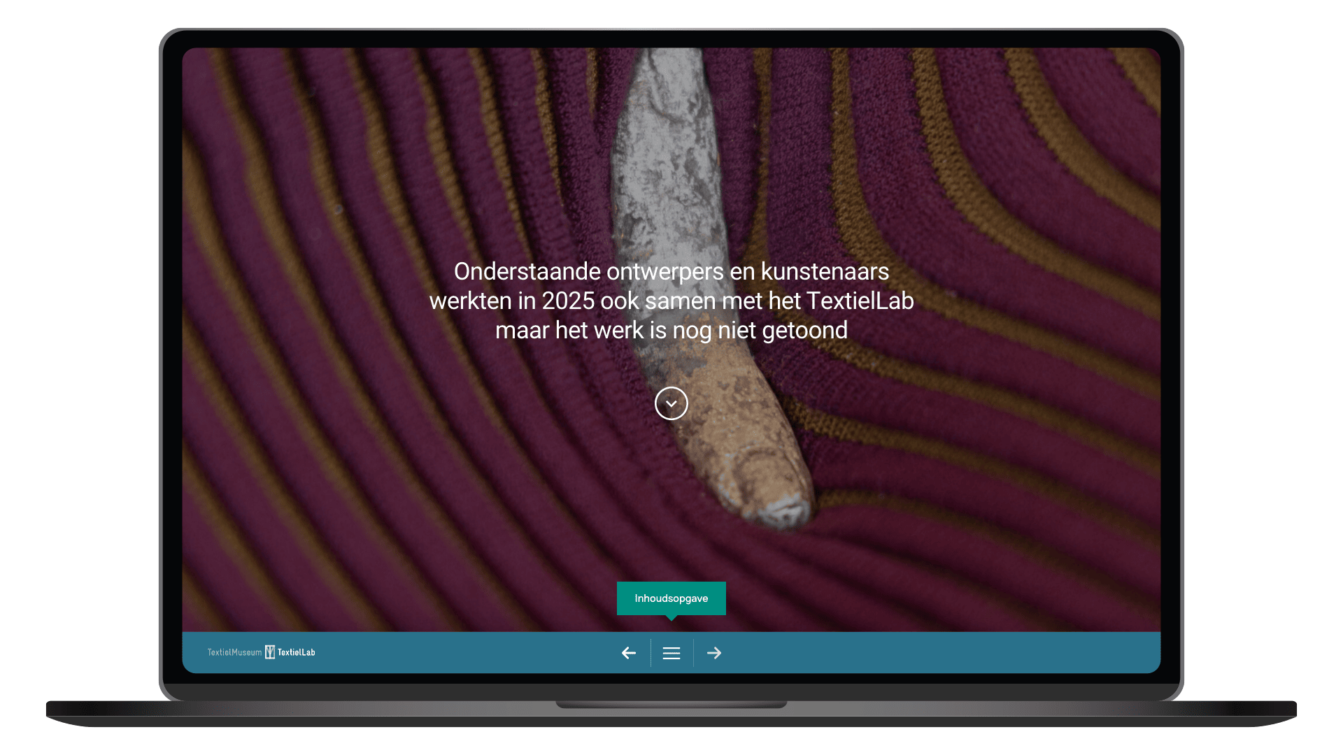 Online jaaroverzicht 2025 van TextielLab op een laptop, pagina Ontwerpers en kunstenaars