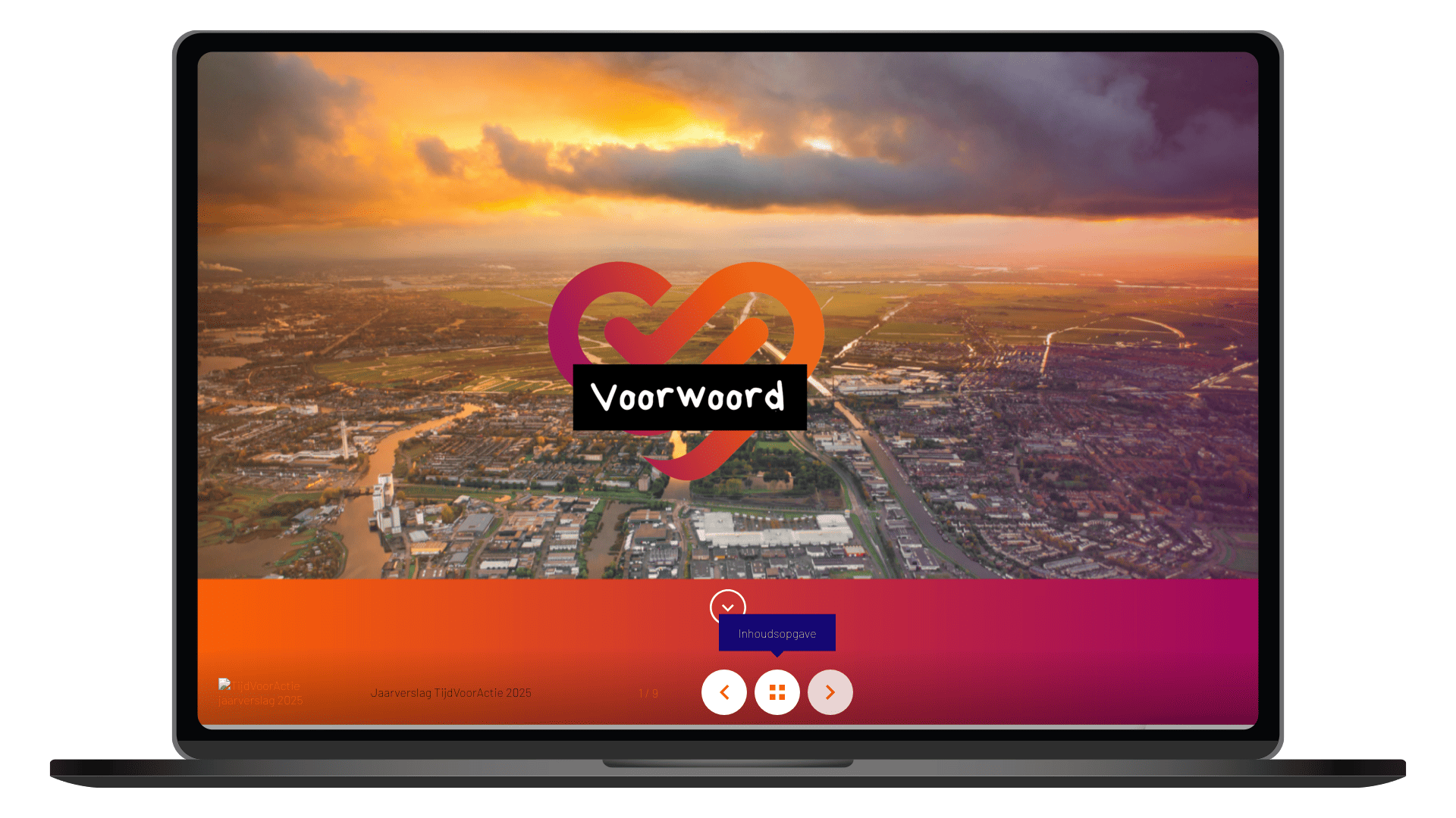 Online jaarverslag 2025 van TijdVoorActie op een laptop, pagina Voorwoord