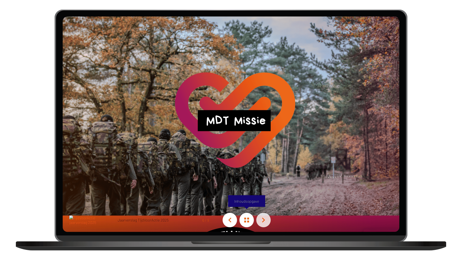 Online jaarverslag 2025 van TijdVoorActie op een laptop, pagina MDT Missie