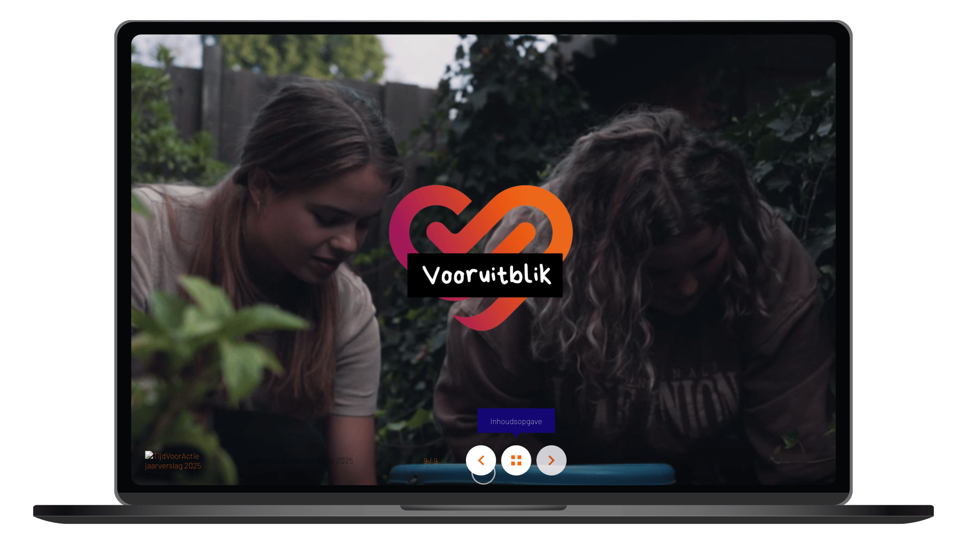 Online jaarverslag 2025 van TijdVoorActie op een laptop, pagina Vooruitblik