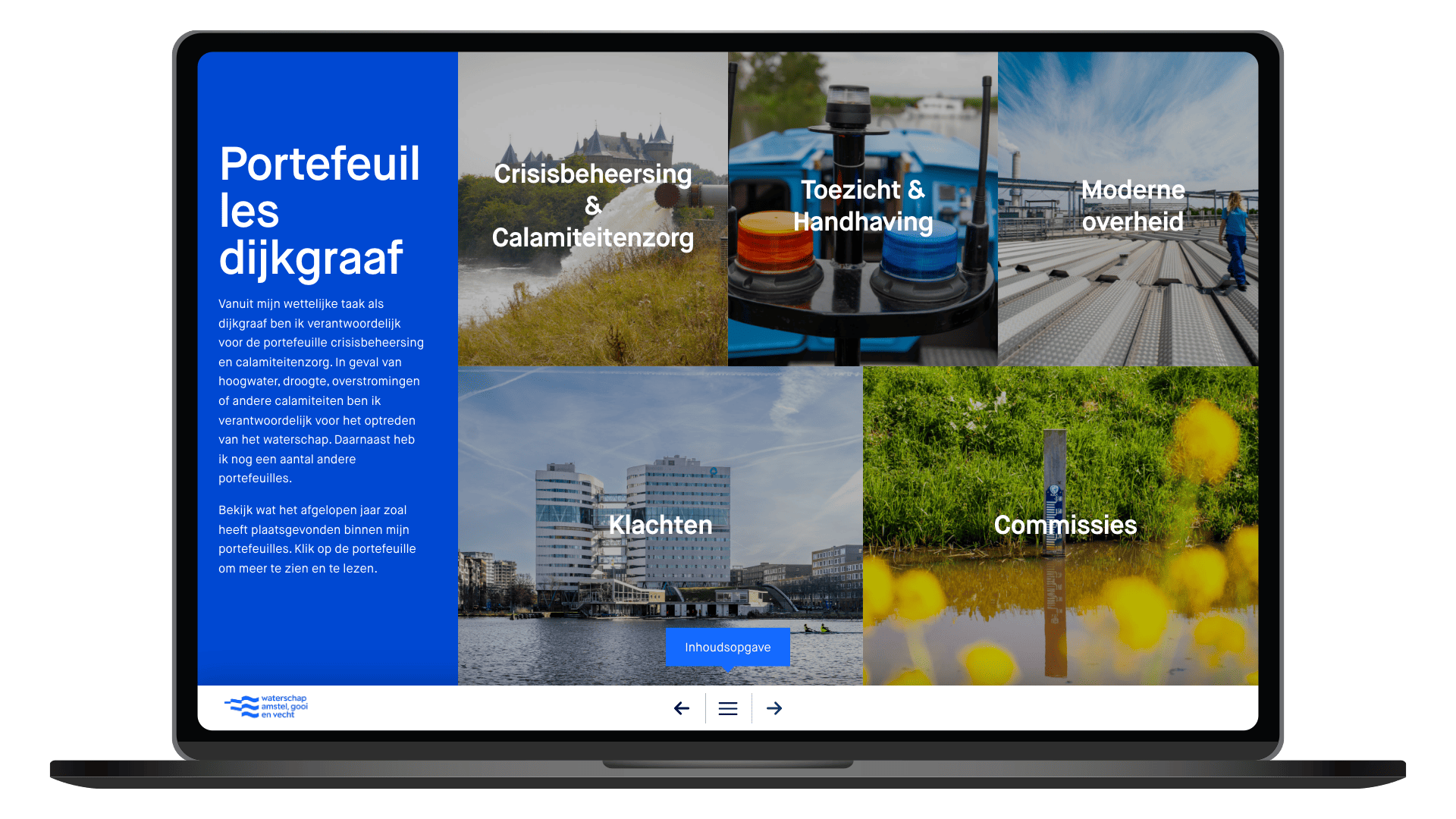 Online jaaroverzicht 2025 van Waterschap Amstel, Gooi en Vecht op een laptop, pagina Portefeuilles dijkgraaf