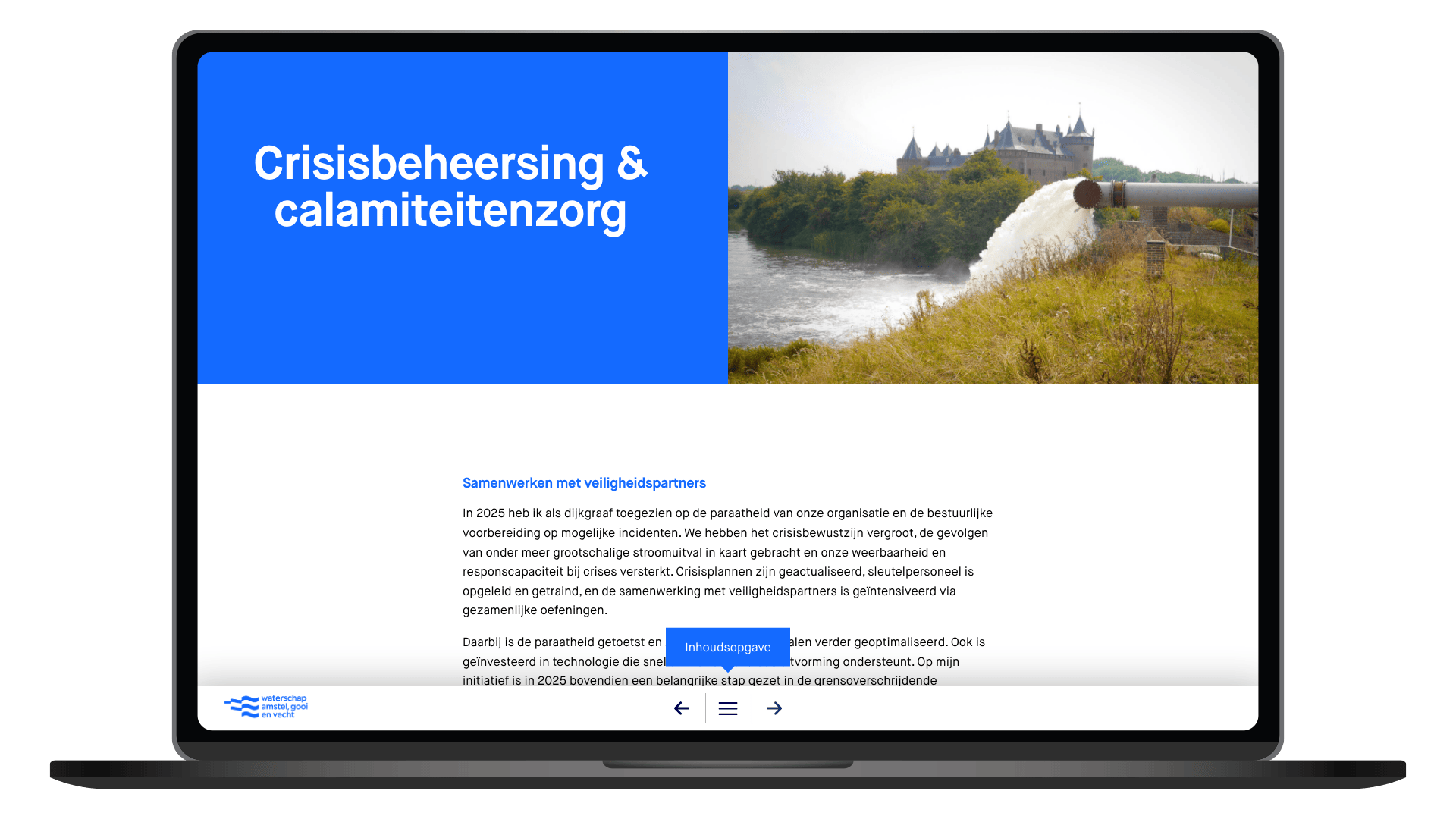 Online jaaroverzicht 2025 van Waterschap Amstel, Gooi en Vecht op een laptop, pagina Crisisbeheersing