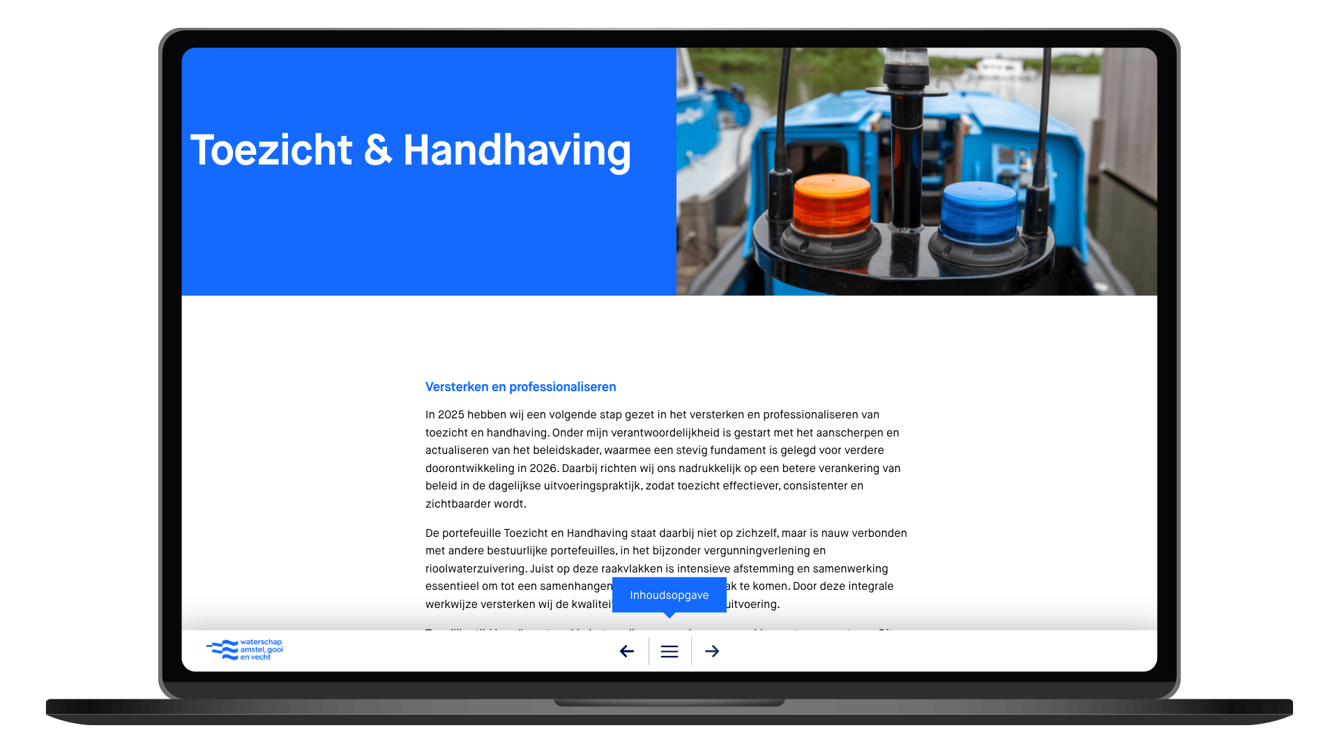 Online jaaroverzicht 2025 van Waterschap Amstel, Gooi en Vecht op een laptop, pagina Toezicht en handhaving