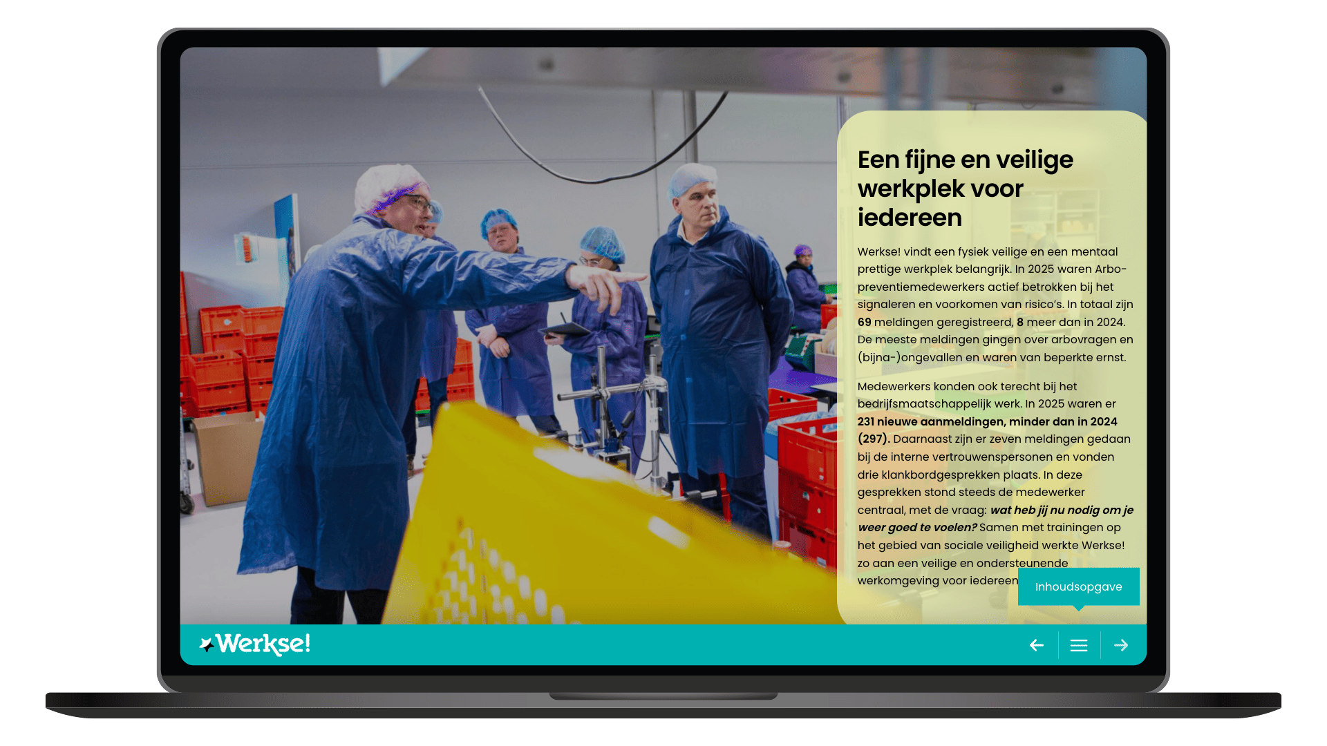 Online sociaal jaarverslag 2025 van Werkse! op een laptop, pagina Werkklimaat bij Werkse!