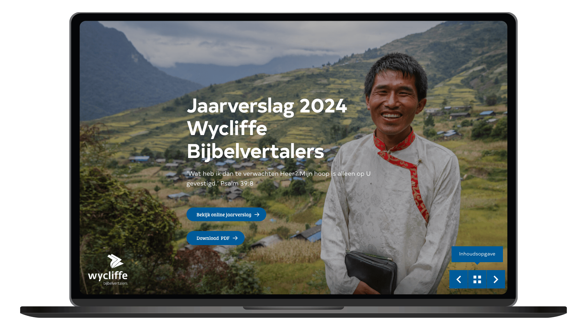 Online jaarverslag 2024 van Wycliffe Bijbelvertalers op een laptop, homepage