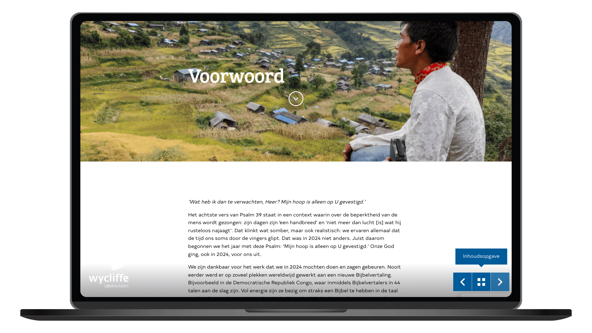 Online jaarverslag 2024 van Wycliffe Bijbelvertalers op een laptop, pagina Voorwoord