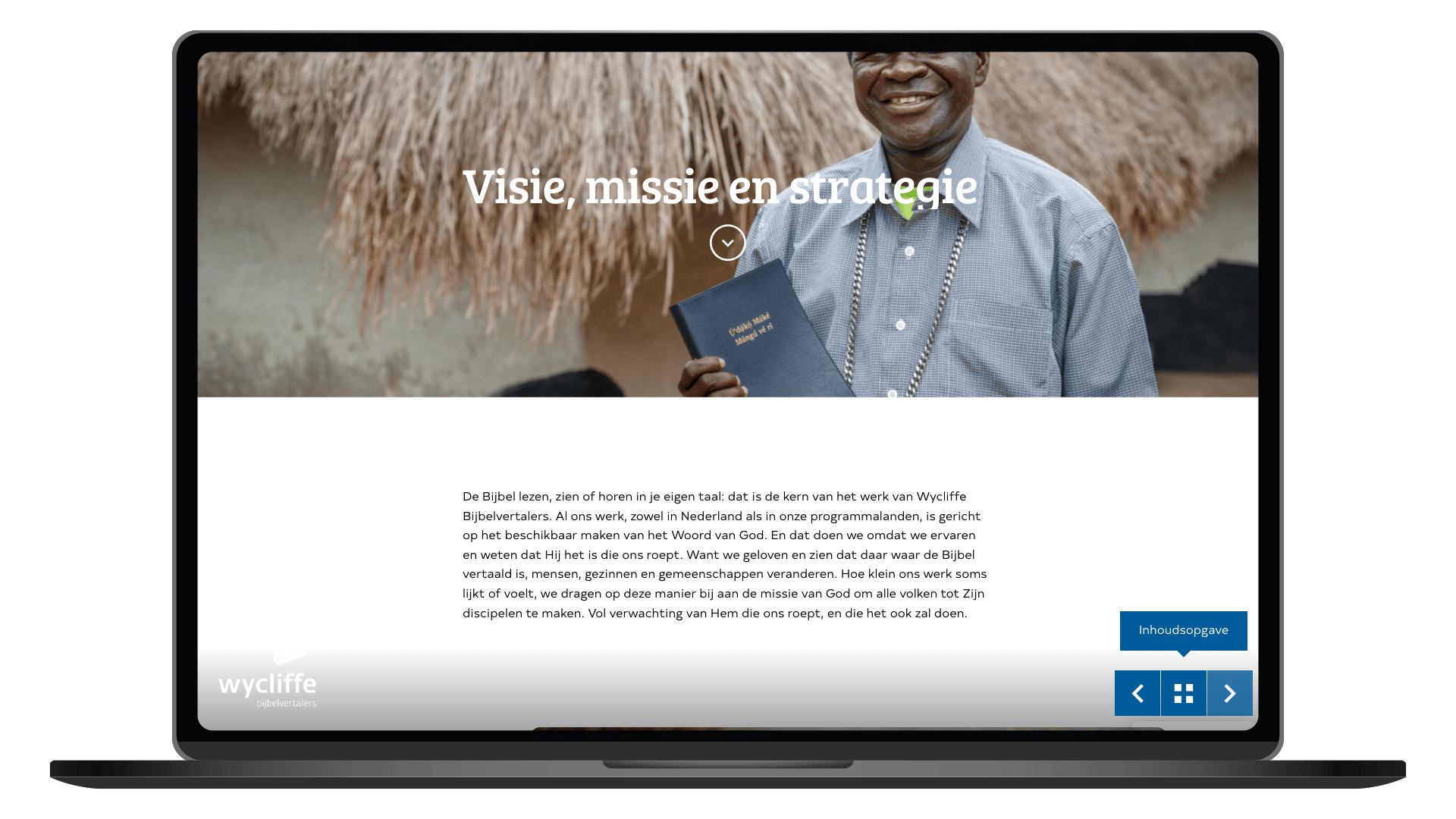 Online jaarverslag 2024 van Wycliffe Bijbelvertalers op een laptop, pagina Visie