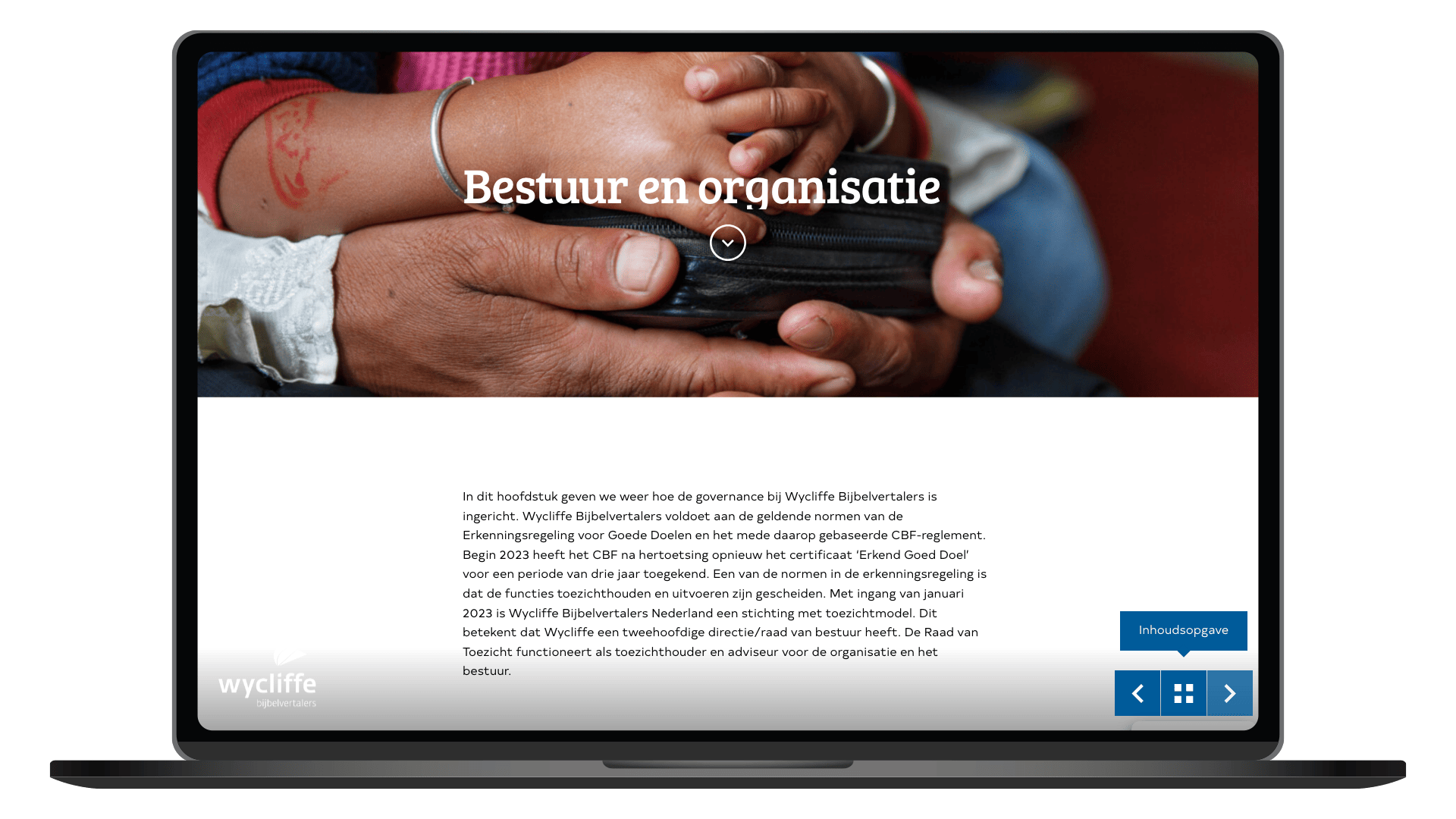 Online jaarverslag 2024 van Wycliffe Bijbelvertalers op een laptop, pagina Bestuur en organisatie