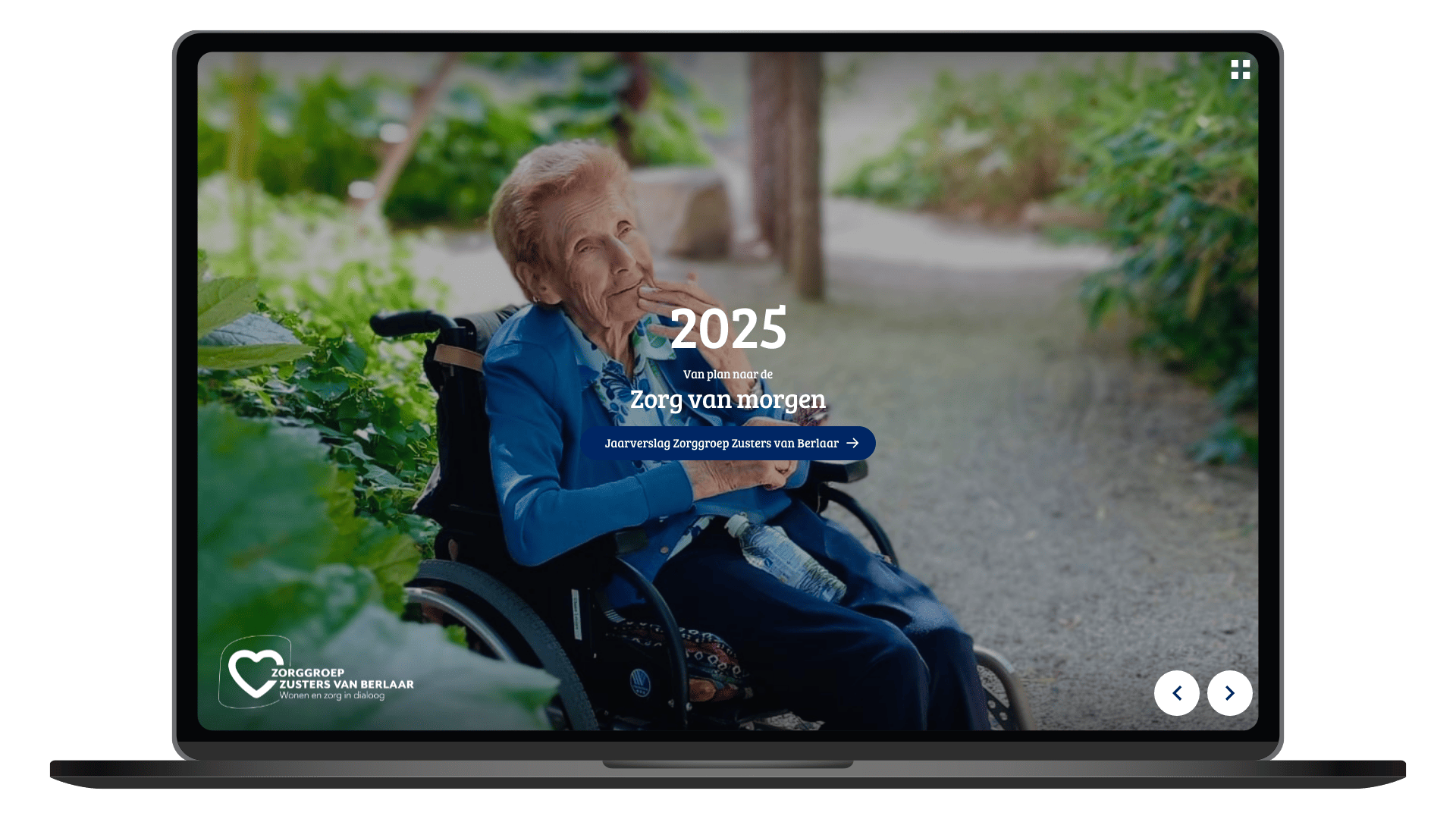 Online jaarverslag 2025 van Zorggroep Zusters van Berlaar op een laptop, homepage