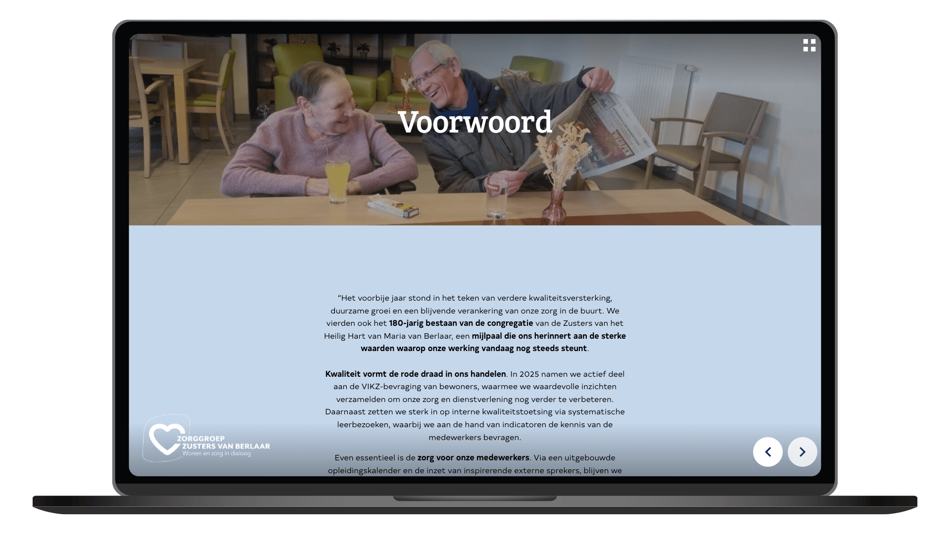 Online jaarverslag 2025 van Zorggroep Zusters van Berlaar op een laptop, pagina Voorwoord