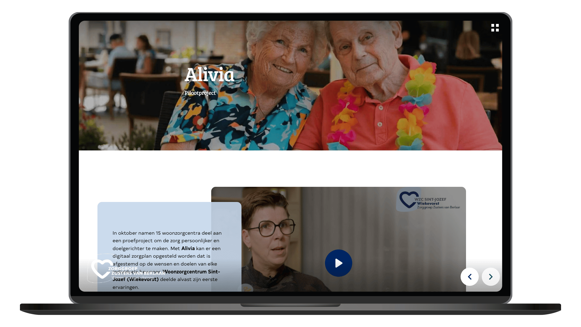 Online jaarverslag 2025 van Zorggroep Zusters van Berlaar op een laptop, pagina Alivia