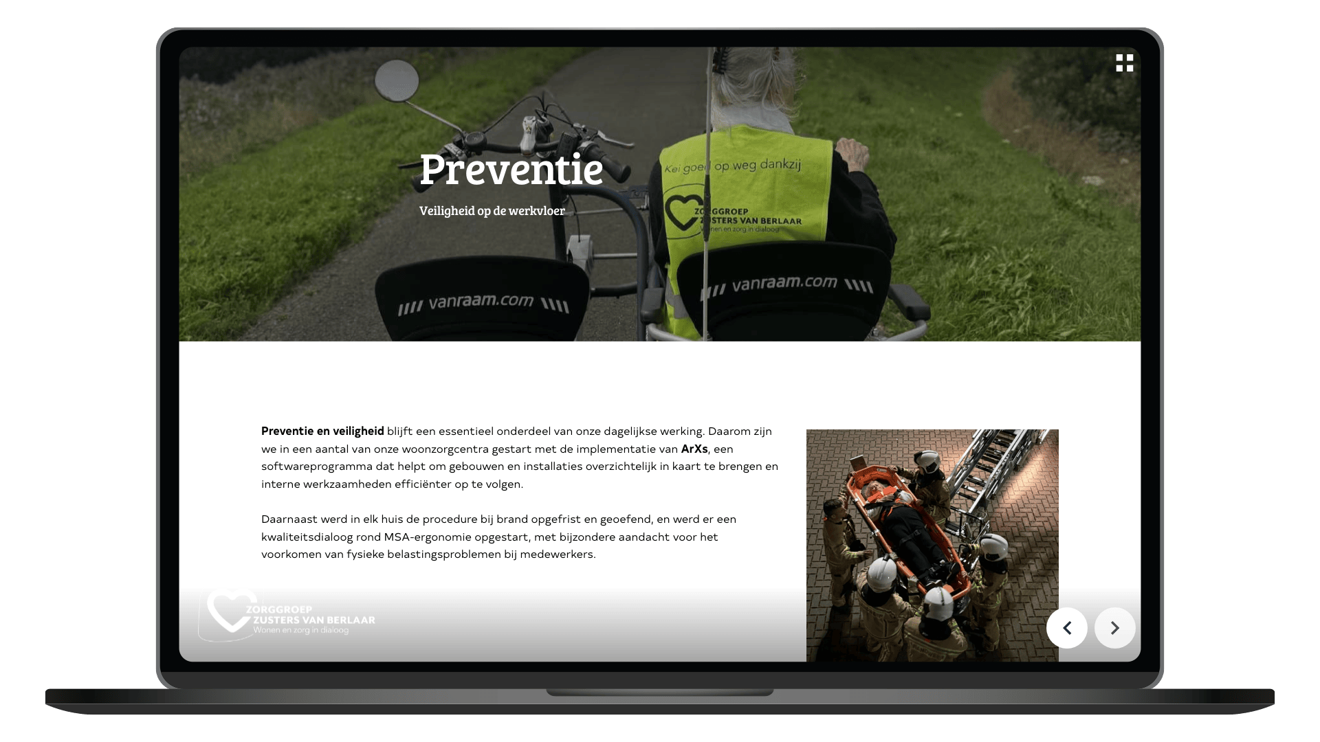 Online jaarverslag 2025 van Zorggroep Zusters van Berlaar op een laptop, pagina Preventie